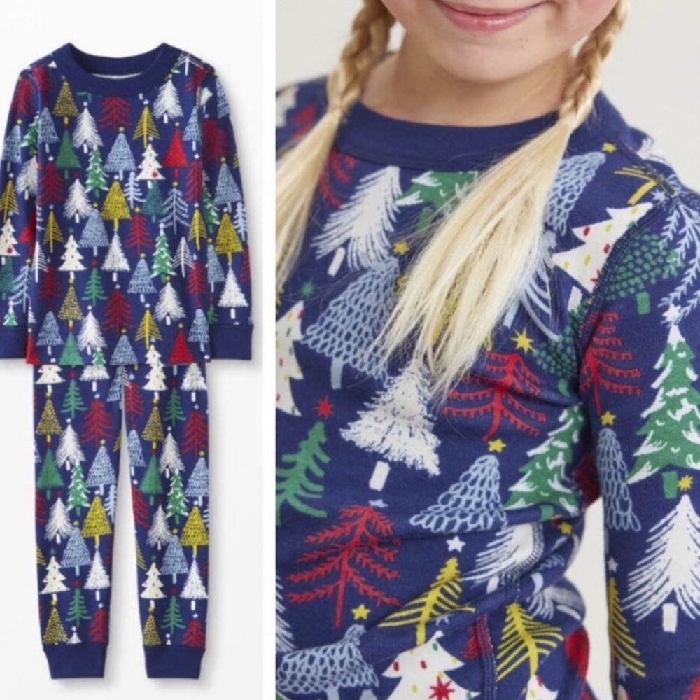 Hanna Andersson Women’s Navy Blue Twinkly Tree LongJohn Pajamas & Dog BOTH SMALL